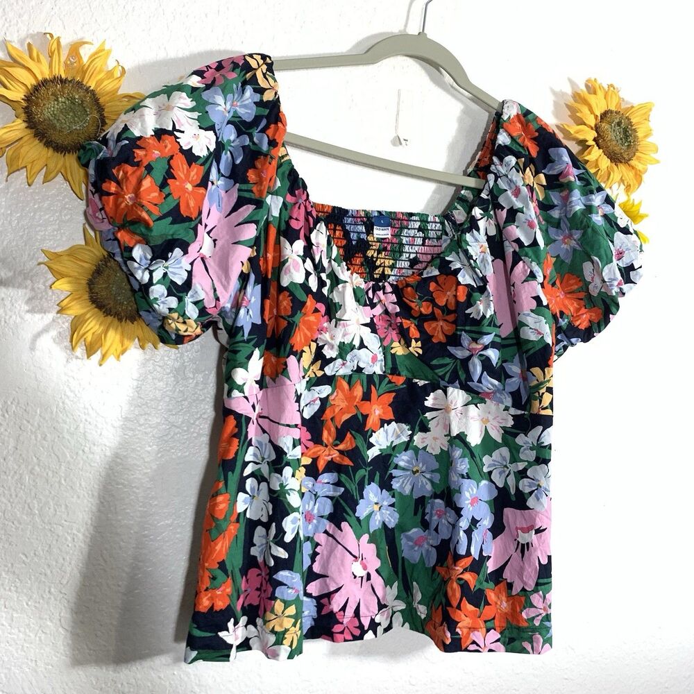 Old Navy Floral Colorful Puffy Short Sleeve Blouse Size Large Women’s - Picture 4 of 9